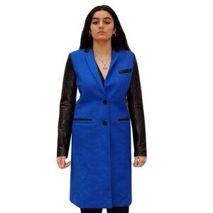 Michael Kors Women's Blue Wool/ Black Leather Overcoat Coat Small